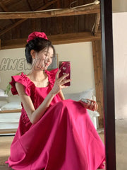 Hnewly - Rose Red Casual Sweet Daily Simplicity Fold Solid Color Dresses Pre Order Dress