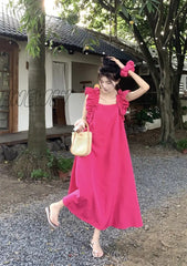 Hnewly - Rose Red Casual Sweet Daily Simplicity Fold Solid Color Dresses / S Pre Order Dress