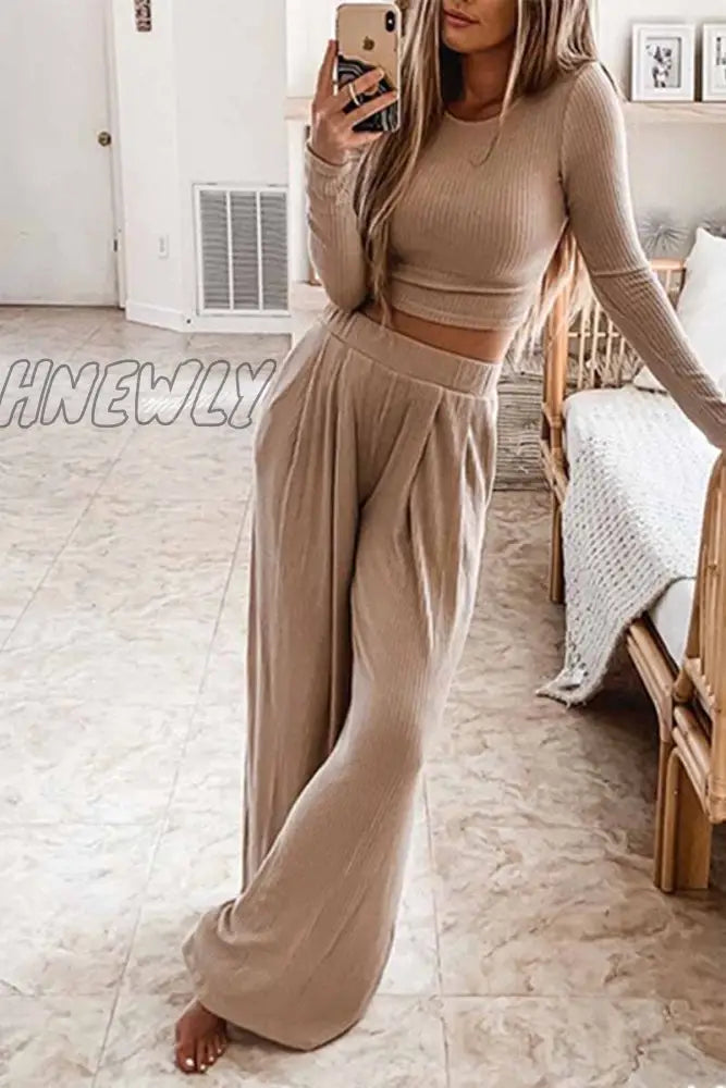 Hnewly - Round Neck Long Sleeves Wide Legs Two-Piece(4 Colors) S / Apricot Jumpsuits