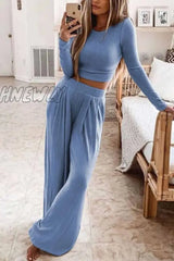 Hnewly - Round Neck Long Sleeves Wide Legs Two-Piece(4 Colors) S / Blue Jumpsuits