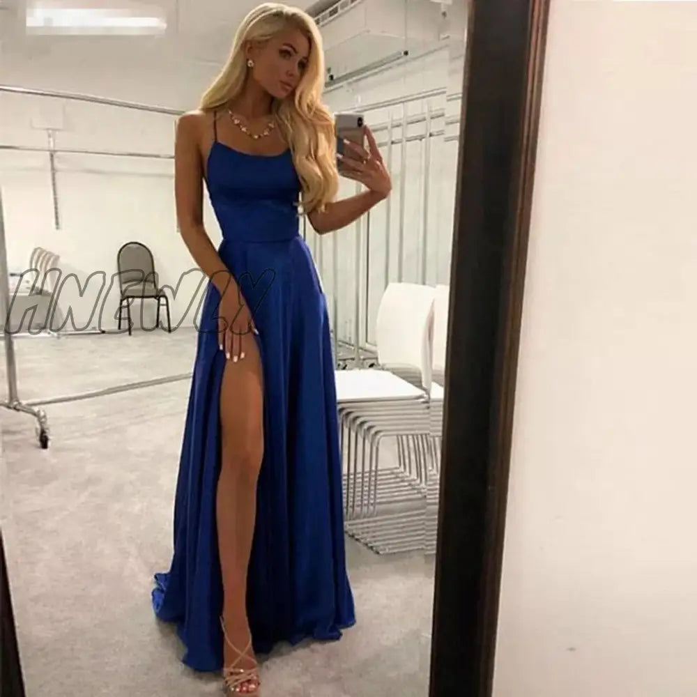 Hnewly Royal Blue Split Prom Dresses Elegant Women Party Night Formal Long Evening Dress Spaghetti