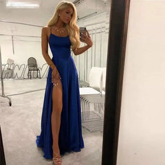 Hnewly Royal Blue Split Prom Dresses Elegant Women Party Night Formal Long Evening Dress Spaghetti