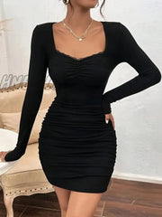 Hnewly Ruched Solid Bodycon Dress Elegant Long Sleeve Mini Women’s Clothing