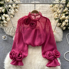 Ruffle Chiffon Blouse Summer Women Lantern Sleeve Fashion Slim Loose Vacation Ladies Y2K Casual Chic Tops