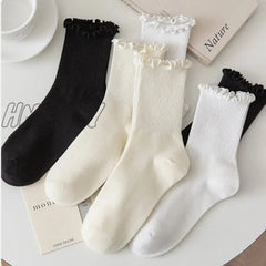 Hnewly Ruffle Socks For Women 5Pair /Lot Mid Crew Middles Tube Ankle High Breathable Black White