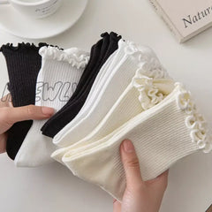 Hnewly Ruffle Socks For Women 5Pair /Lot Mid Crew Middles Tube Ankle High Breathable Black White
