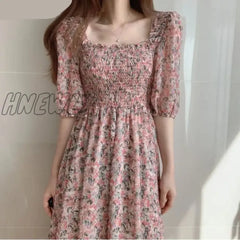 Hnewly S-3Xl Floral Chiffon Dress Women Sweet Puff Sleeve Empire Vintage Fairy Slim Square Collar