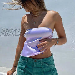 Hnewly Satin Backless Crop Top Y2K Women Summer Off Shoulder Bandage Sleeveless Strapless Tank Tops