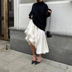 Hnewly Satin Balloon Skirt Long Women Vintage Elegant Fashion High Waist A-Line Office Lady Loose