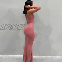 Hnewly Satin Slip Sleeveless Backless Maxi Dress Women Y2K Summer Bodycon Elegant Sexy Outfits
