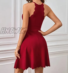 Hnewly Scallop Trim Solid Dress Casual Crew Neck Sleeveless Party Women’s Clothing
