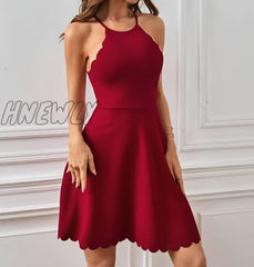 Hnewly Scallop Trim Solid Dress Casual Crew Neck Sleeveless Party Women’s Clothing