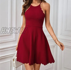 Hnewly Scallop Trim Solid Dress Casual Crew Neck Sleeveless Party Women’s Clothing
