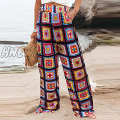 Hnewly See Through Flared Leg Pants Women High Waist Summer Floral Knitted Crochet Beach Holiday