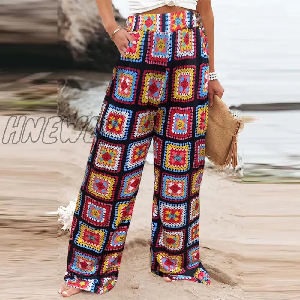 Hnewly See Through Flared Leg Pants Women High Waist Summer Floral Knitted Crochet Beach Holiday