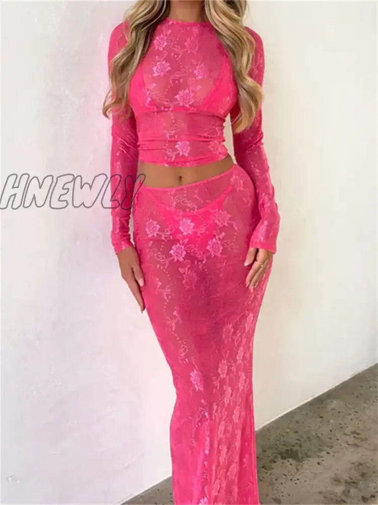Hnewly See-Through Lace Floral Mesh Sheer Dress Sets Women Sexy Beach Suits Long Sleeve Crop Tops +