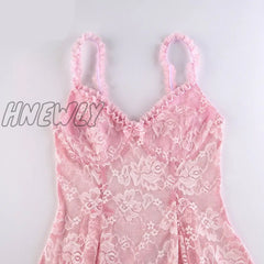 Hnewly See Through Mesh Lace Dress Pink Black Y2K Aesthetic Fairy Grunge Cami Mini Dresses Sexy