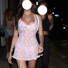Hnewly See Through Mesh Lace Dress Pink Black Y2K Aesthetic Fairy Grunge Cami Mini Dresses Sexy