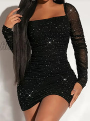 Hnewly Sequin Ruched Bodycon Dress Elegant Long Sleeve For Spring & Fall Women’s Clothing