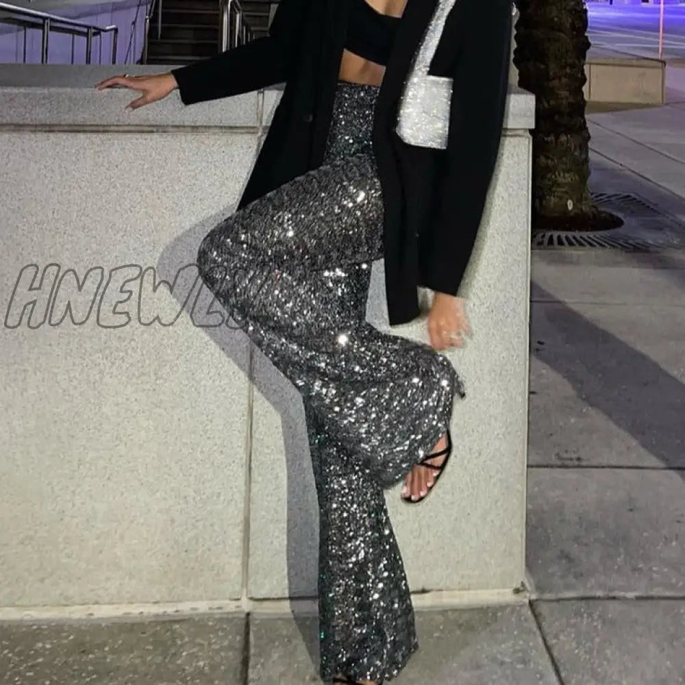Hnewly Sequine Sexy Flare Pants Party Women Spring Fashion Y2K High Waist Silver Glitter Black Long