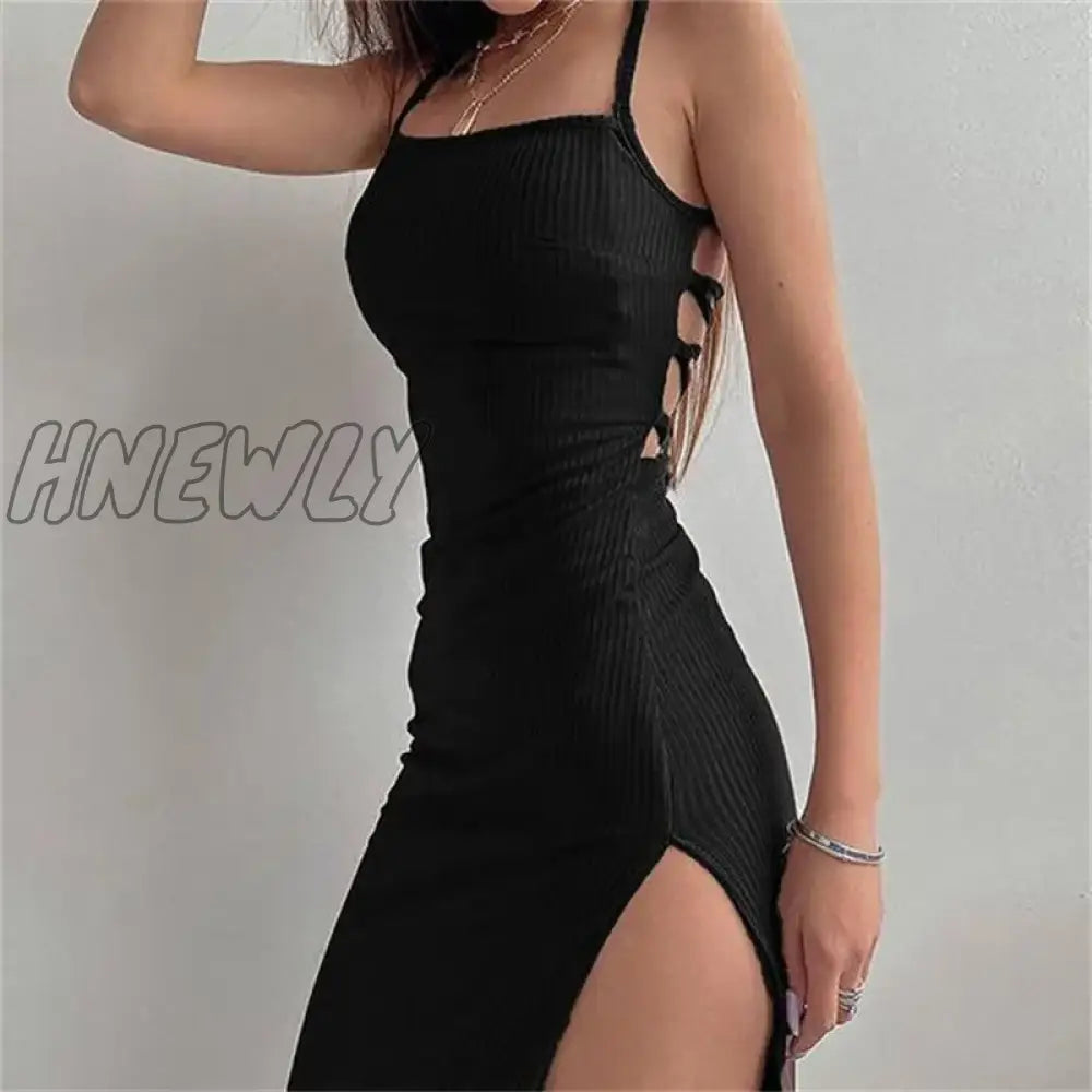 Hnewly Sexy Black Long Bodycon Dress Women Summer Sleeveless Blackless Halter Neck Spaghetti Strap