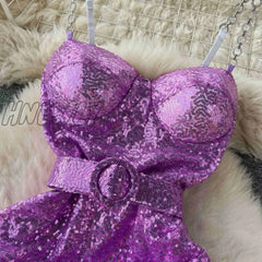 Hnewly Sexy Chain Spaghetti Strap Sleeveless Sequin Mini Party Dress For Women Padded Belted High