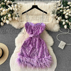 Hnewly Sexy Chain Spaghetti Strap Sleeveless Sequin Mini Party Dress For Women Padded Belted High