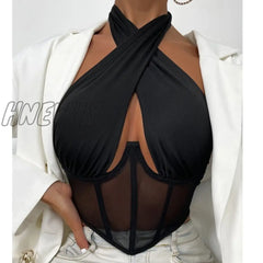 Hnewly Sexy Cross Halter Corset Bustier Mesh Bone Tank Tops Women Tie Up Wrap Tube Backless Slim