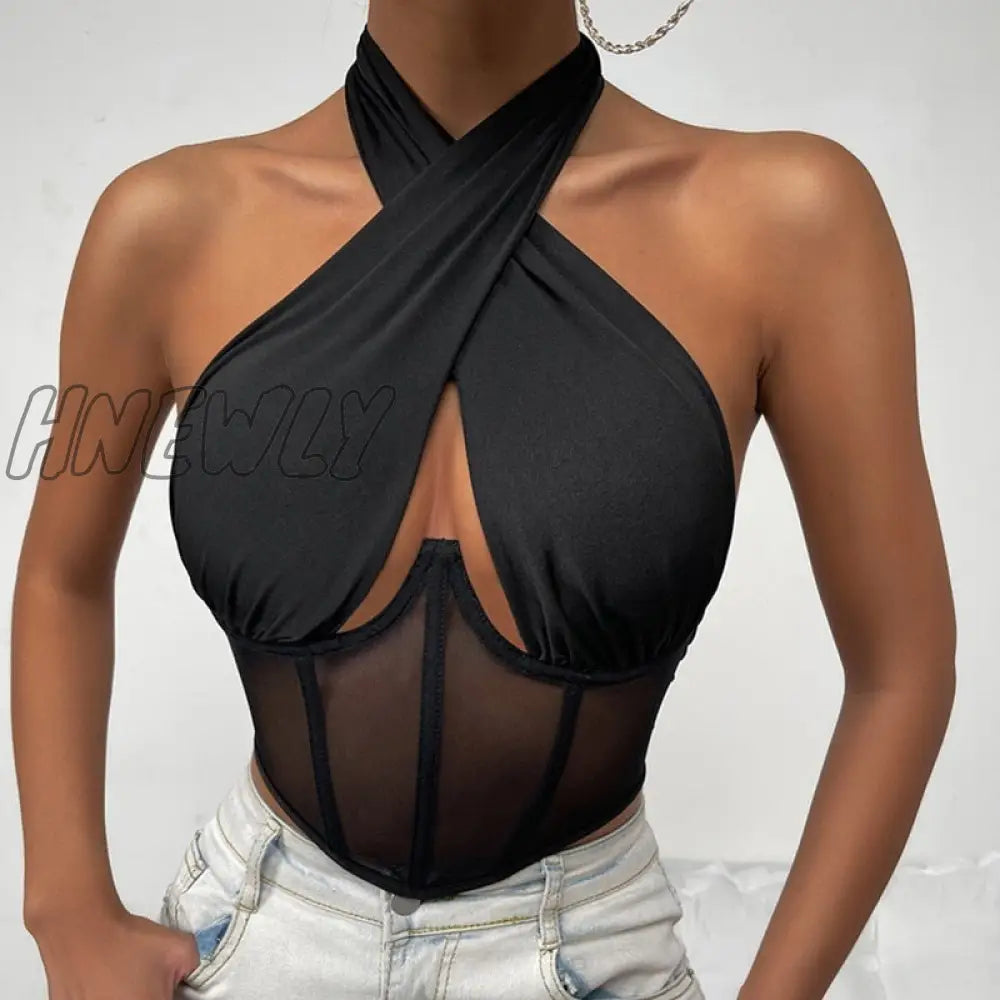Hnewly Sexy Cross Halter Corset Bustier Mesh Bone Tank Tops Women Tie Up Wrap Tube Backless Slim