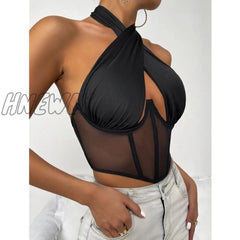 Hnewly Sexy Cross Halter Corset Bustier Mesh Bone Tank Tops Women Tie Up Wrap Tube Backless Slim