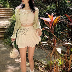 Hnewly Sexy Cute White Mini Skirt Women Drawstring Folds High Waist Irregular Ruffle Patchwork