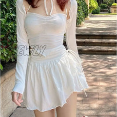 Hnewly Sexy Cute White Mini Skirt Women Drawstring Folds High Waist Irregular Ruffle Patchwork