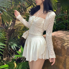 Hnewly Sexy Cute White Mini Skirt Women Drawstring Folds High Waist Irregular Ruffle Patchwork