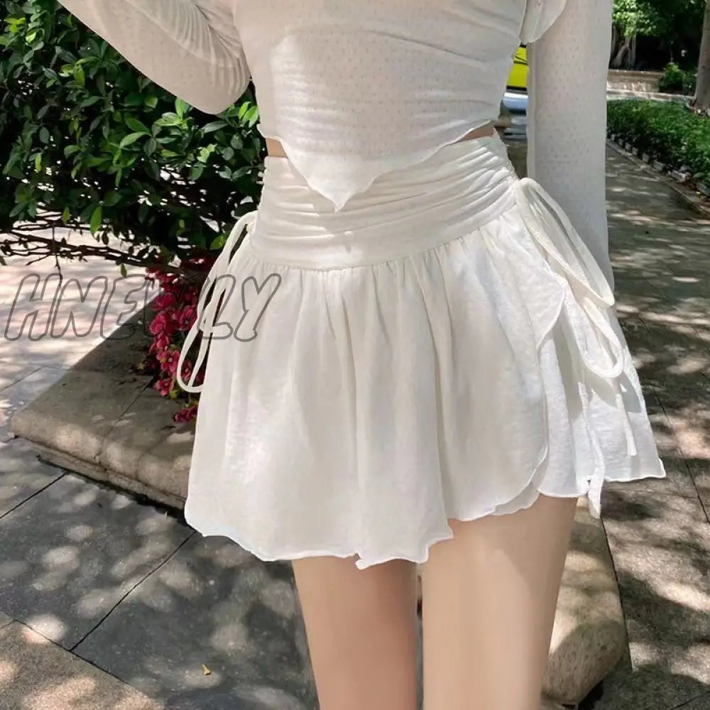 Hnewly Sexy Cute White Mini Skirt Women Drawstring Folds High Waist Irregular Ruffle Patchwork