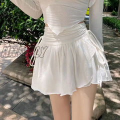 Hnewly Sexy Cute White Mini Skirt Women Drawstring Folds High Waist Irregular Ruffle Patchwork