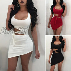 Hnewly Sexy Cutout Club Party Dress Belt Strapless Sleeveless Mini Summer Women’s Slim Body