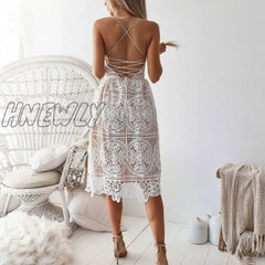 Hnewly Sexy Deep V Neck Backless Lace Dresses Women Vintage Flroal White Summer Dress Boho Ladies