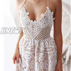 Hnewly Sexy Deep V Neck Backless Lace Dresses Women Vintage Flroal White Summer Dress Boho Ladies