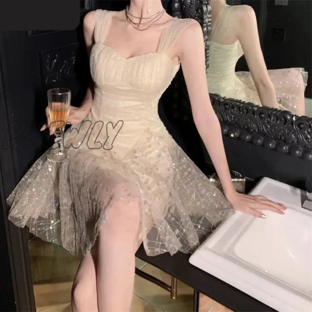 Hnewly Sexy Elegant Dresses Women Sleeveless Sequins Mesh Patchwork Slim Paty Dress Mini Summer