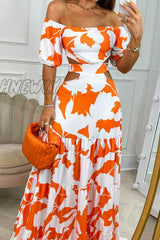 Hnewly - Sexy Elegant Print Frenulum Off The Shoulder Printed Dress Dresses(4 Colors) Orange