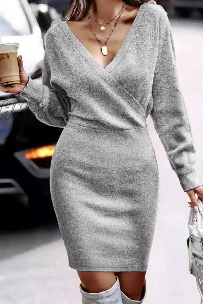 Hnewly - Sexy Elegant Solid Lace V Neck One Step Skirt Dresses(5 Colors) Grey / S Dresses/Long