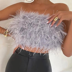 Hnewly Sexy Feather Cropped Tank Top Women Fashion Fluffy Backless Solid Tube Tops Female Spring