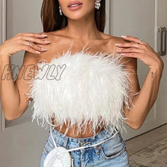 Hnewly Sexy Feather Cropped Tank Top Women Fashion Fluffy Backless Solid Tube Tops Female Spring