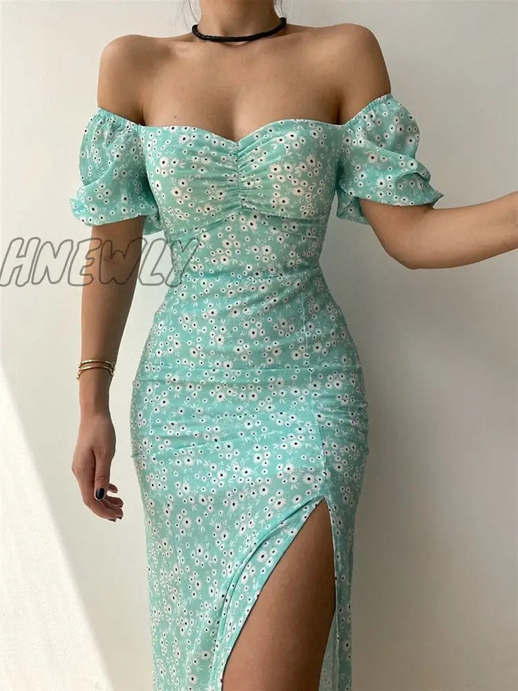 Hnewly Sexy Floral Print Short Sleeve Hip Wrap Party Dress Elegant Off Shoulder Backless New Summer