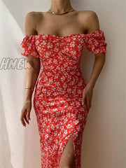 Hnewly Sexy Floral Print Short Sleeve Hip Wrap Party Dress Elegant Off Shoulder Backless New Summer