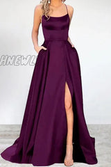 Hnewly - Sexy Formal Solid High Opening U Neck Evening Dress Dresses(16 Colors) Purple / S