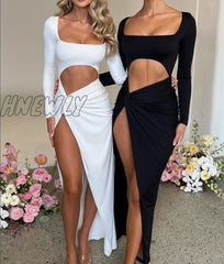 Hnewly Sexy Hollow Out High Split Maxi Dress For Women Robe Autumn Full Sleeve Ruched Club Party