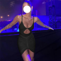 Hnewly Sexy Hollow Out Mini Dress Women Fashion Strap Ruched Bodycon Beach Dresses Summer White See