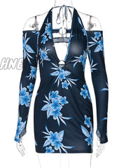 Hnewly Sexy Hollow Out V Neck Flowers Long Sleeve Slim Hip Black Mini Dress Short Women Spring