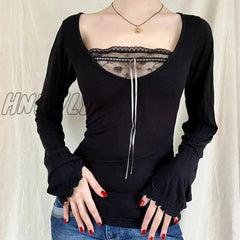 Hnewly Sexy Lace Patchwork Solid Casual Basic Tshirt Women Vintage Black Long Sleeve Top Tees Cute